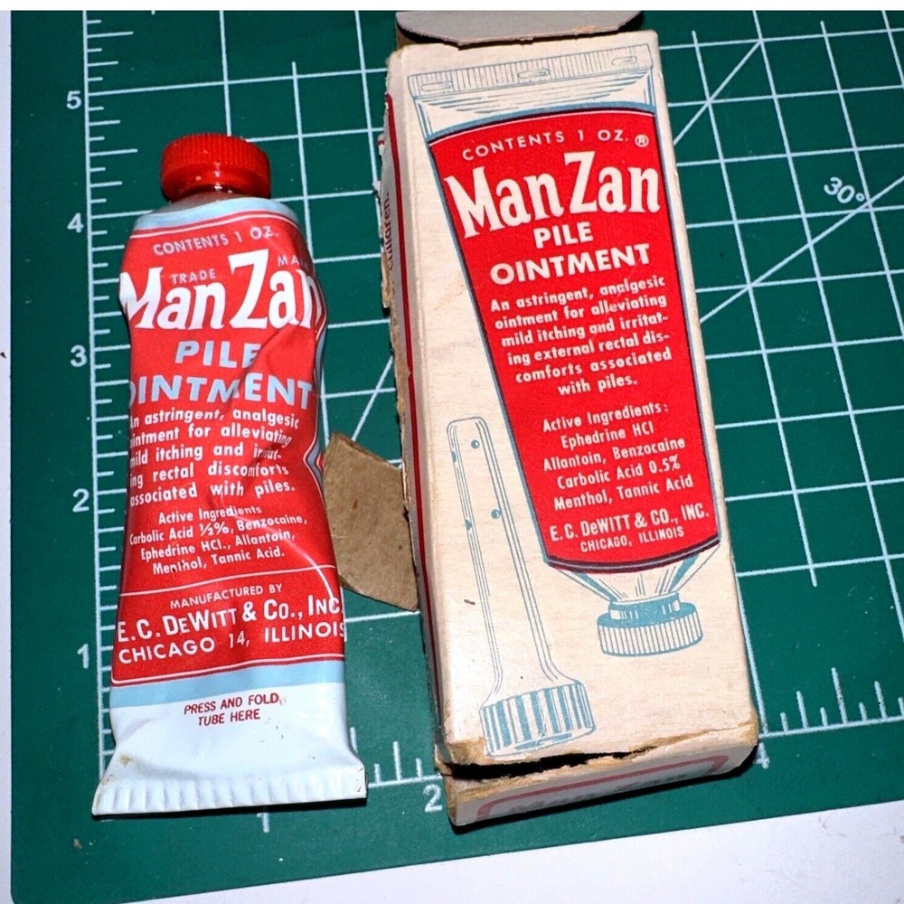 Man Zan Pile‎ Ointment Vintage Tube and Box E C DeWitt Co Chicago Illinois